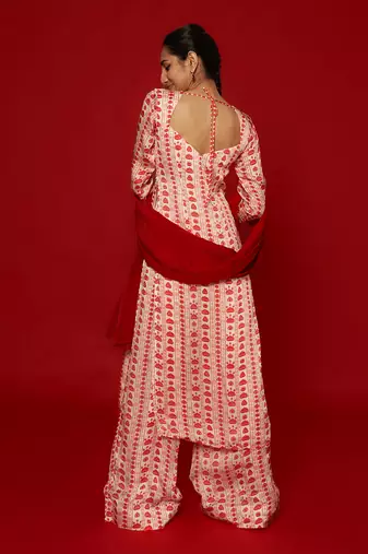 White & red floral stripes kurta set