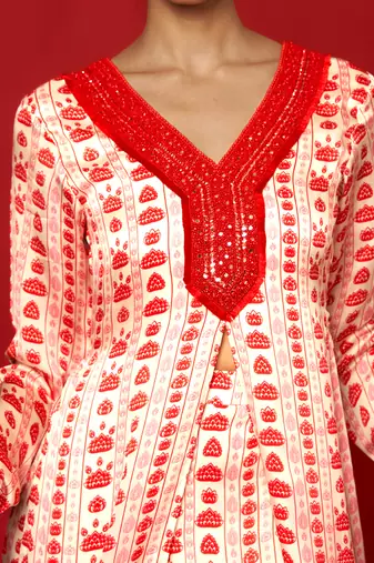 White & red floral stripes kurta set