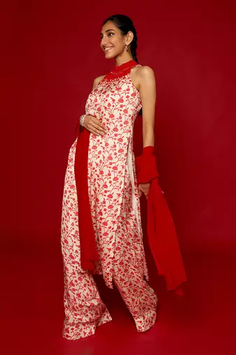 White & red kurta set