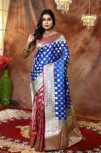 Royal Blue and Pink Half & Half Banarasi