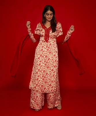 Cream & red kurta set 1