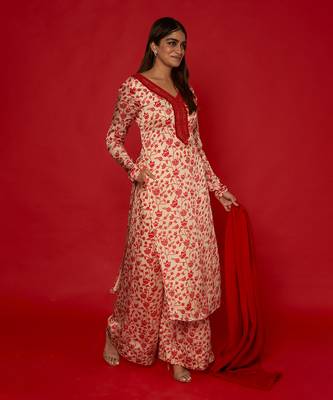 Cream & red kurta set 2