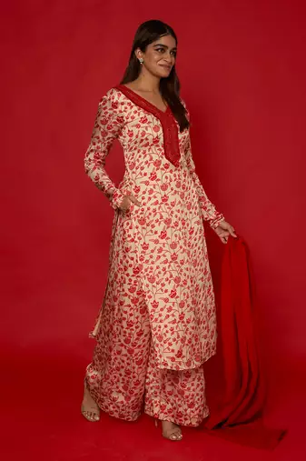 Cream & red kurta set