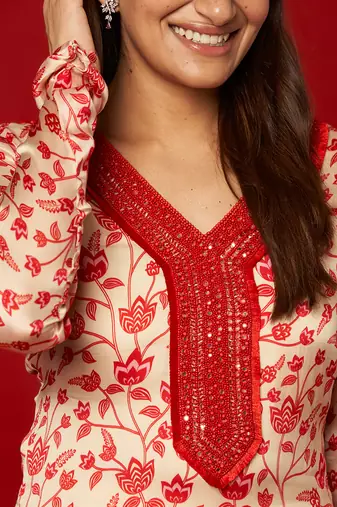 Cream & red kurta set