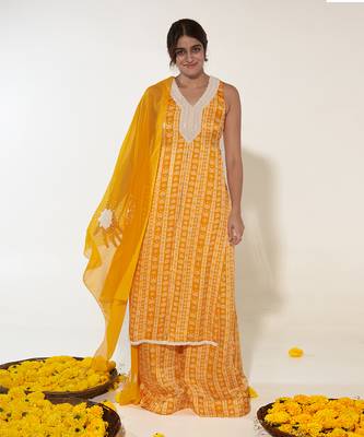 Mustard & white floral stripes kurta set 1