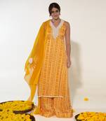 Mustard & white floral stripes kurta set
