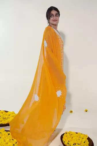 Mustard & white floral stripes kurta set