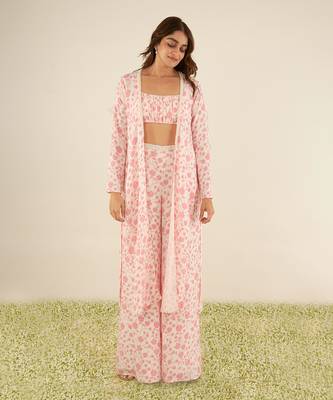 White double georgette printed and hand embroidered flared palazzo set 1