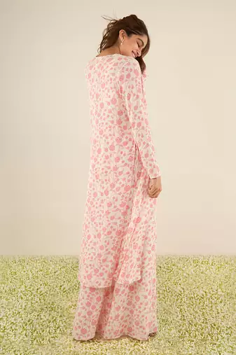 White double georgette printed and hand embroidered flared palazzo set