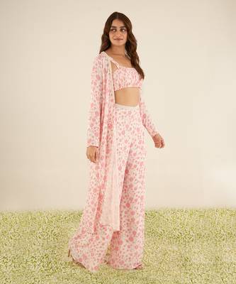 White double georgette printed and hand embroidered flared palazzo set 3
