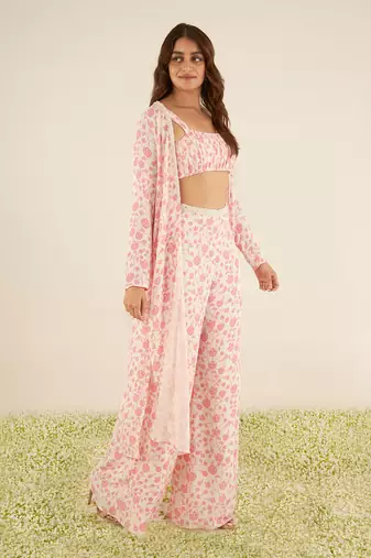 White double georgette printed and hand embroidered flared palazzo set