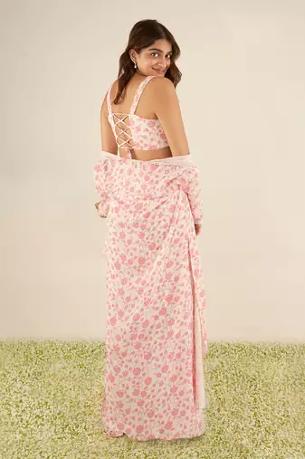 White double georgette printed and hand embroidered flared palazzo set