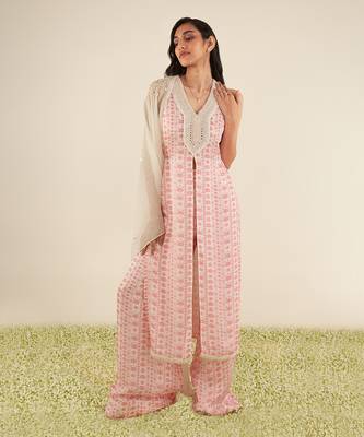 White & pink floral stripes kurta set 1