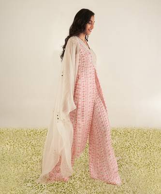 White & pink floral stripes kurta set 2