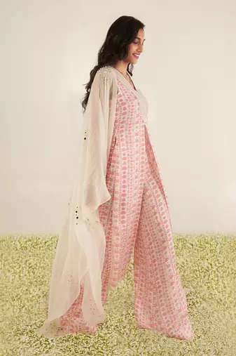 White & pink floral stripes kurta set