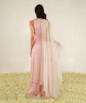 White & pink floral stripes kurta set 3