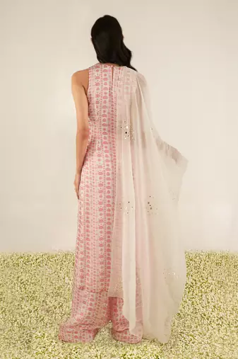 White & pink floral stripes kurta set