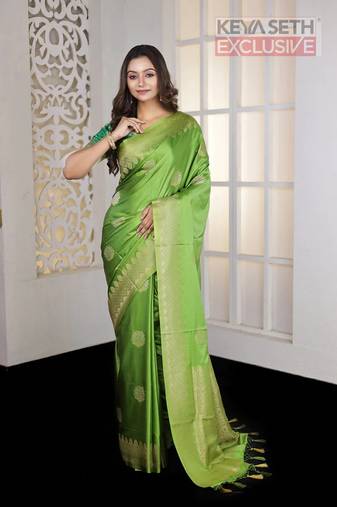 Parrot Green Zari worked Satin Silk