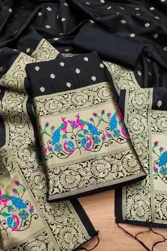 Black Soft Banarasi silk zari woven design dress material