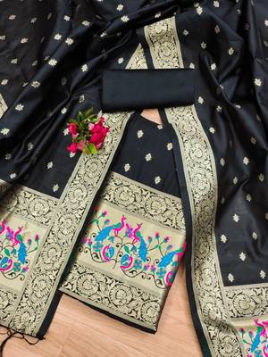 Black Soft Banarasi silk zari woven design dress material 3