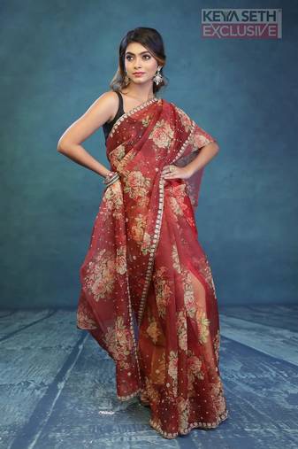 Maroon Floral Printed Organza