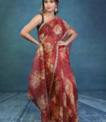 Maroon Floral Printed Organza