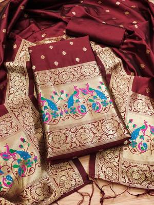 Maroon Soft Banarasi silk zari woven design dress material 3