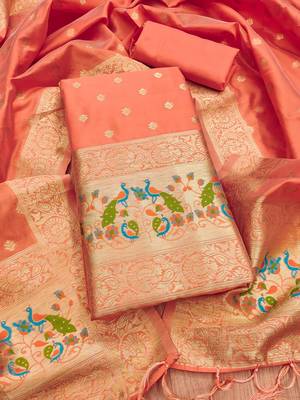 Peach Soft Banarasi silk zari woven design dress material 2