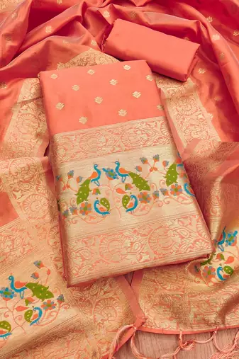Peach Soft Banarasi silk zari woven design dress material