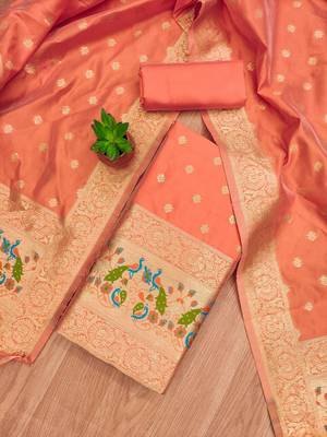 Peach Soft Banarasi silk zari woven design dress material 3