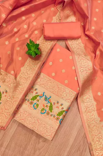 Peach Soft Banarasi silk zari woven design dress material