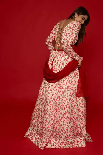 White & Red Lehenga Set