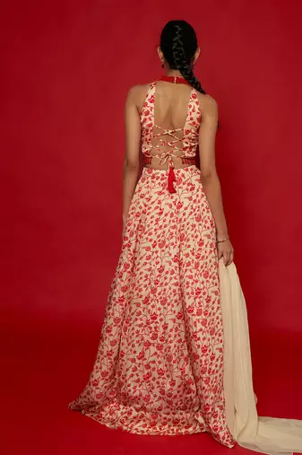 Cream & Red Lehenga Set