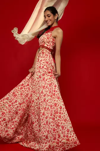 Cream & Red Lehenga Set