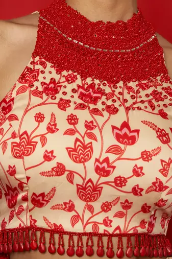 Cream & Red Lehenga Set