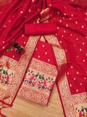 Red Soft Banarasi silk zari woven design dress material 2