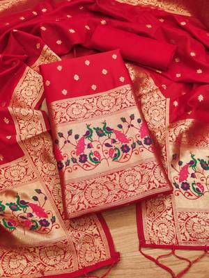 Red Soft Banarasi silk zari woven design dress material 3