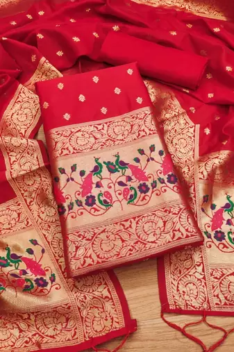 Red Soft Banarasi silk zari woven design dress material