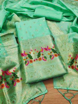 Seagreen Soft Banarasi silk zari woven design dress material 2