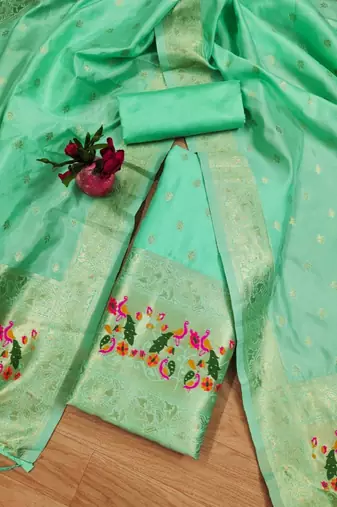 Seagreen Soft Banarasi silk zari woven design dress material