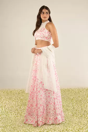 White & Pink Lehenga Set