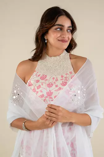 White & Pink Lehenga Set
