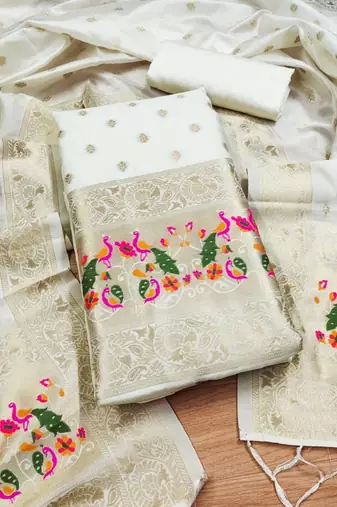 Cream Soft Banarasi silk zari woven design dress material