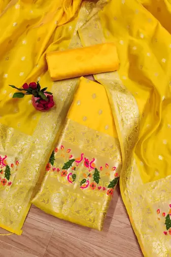 Yellow Soft Banarasi silk zari woven design dress material
