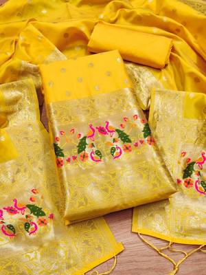 Yellow Soft Banarasi silk zari woven design dress material 3
