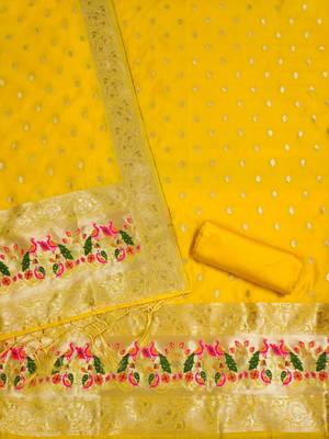 Yellow Soft Banarasi silk zari woven design dress material 4