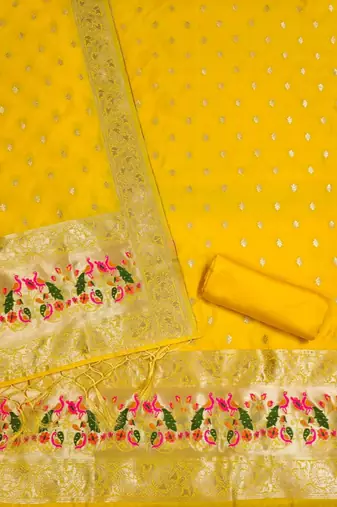 Yellow Soft Banarasi silk zari woven design dress material