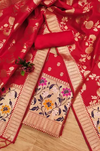 Red Soft Banarasi silk zari woven design dress material