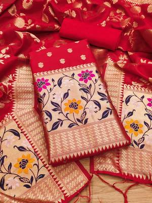 Red Soft Banarasi silk zari woven design dress material 3
