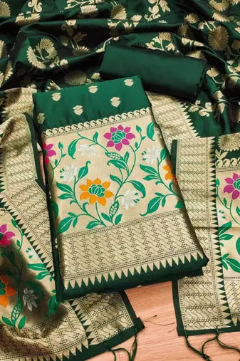 Green Soft Banarasi silk zari woven design dress material